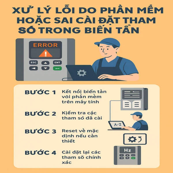 Xử lý lỗi do phần mềm hoặc sai cài đặt tham số trong biến tần