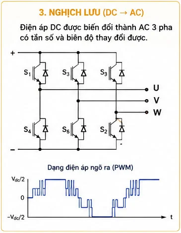 Khối nghịch lưu tạo ra dòng điện AC trong biến tần