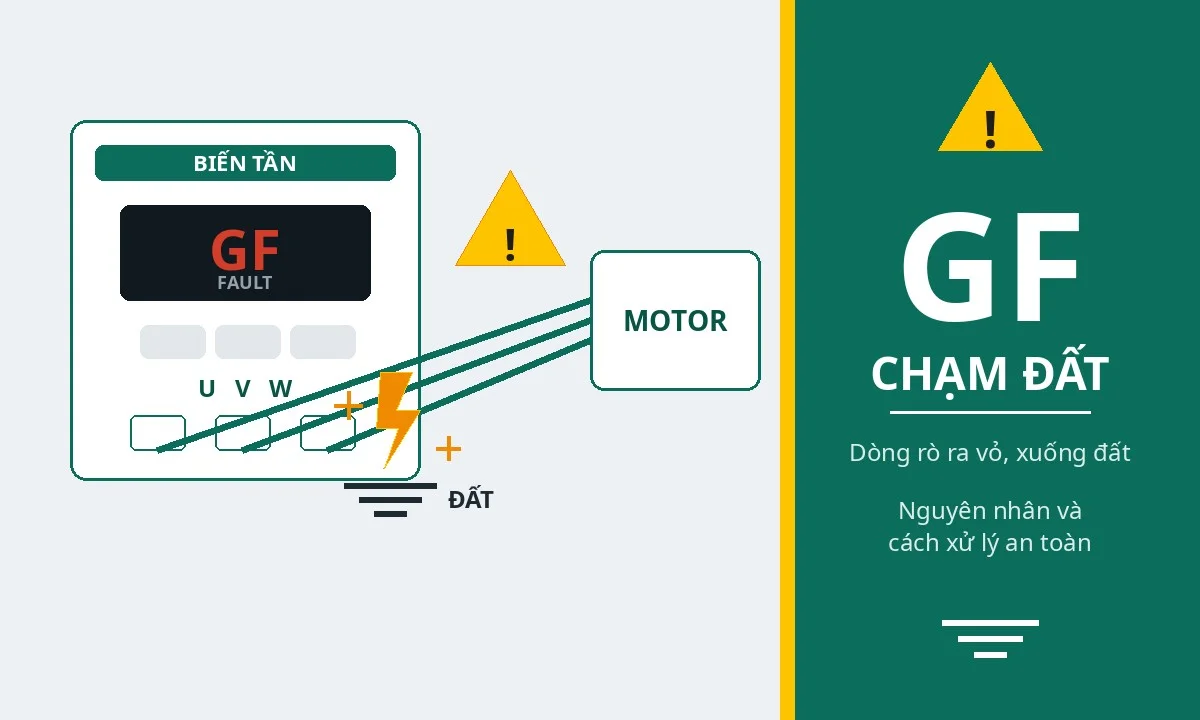 Ảnh minh họa lỗi chạm đất GF ở biến tần: biến tần báo GF, dòng rò chảy xuống đất