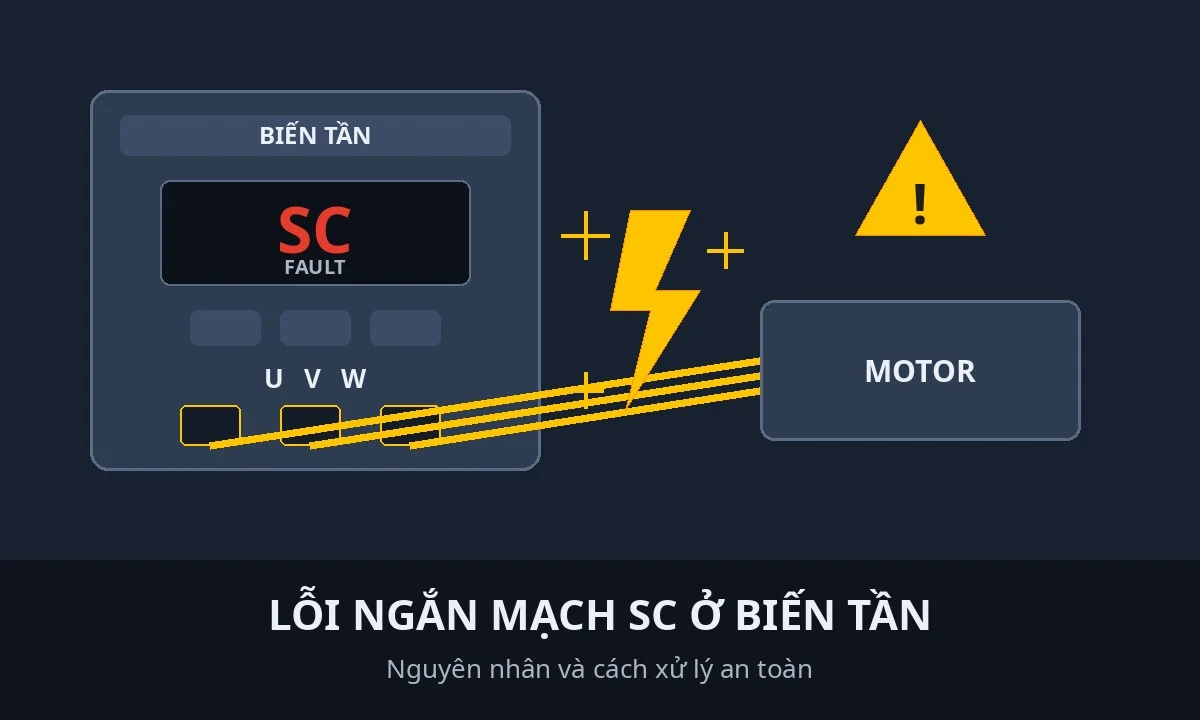 Ảnh minh họa lỗi ngắn mạch SC ở biến tần: biến tần báo SC, tia lửa điện trên đường dây ra motor