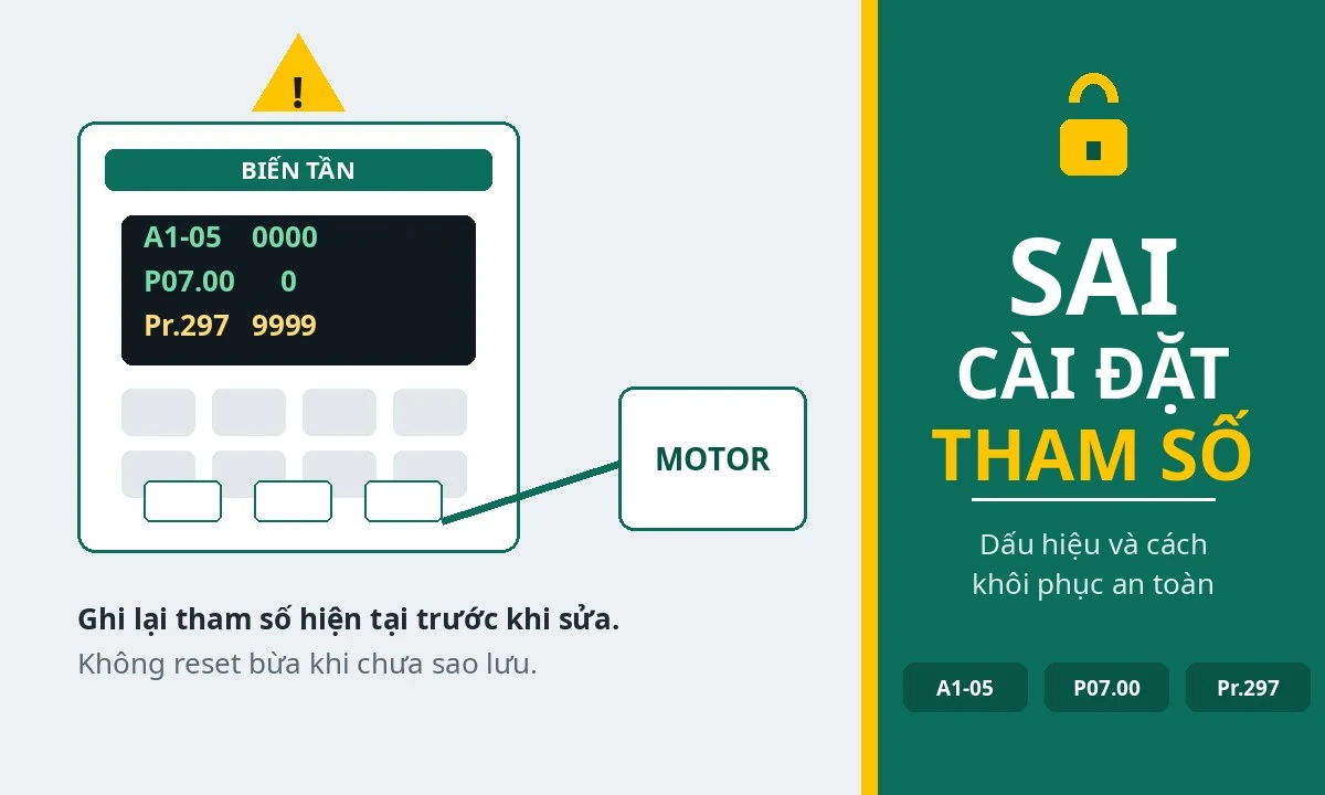 Ảnh minh họa sai cài đặt tham số ở biến tần: bàn phím hiện các tham số khóa A1-05, P07.00 và Pr.297