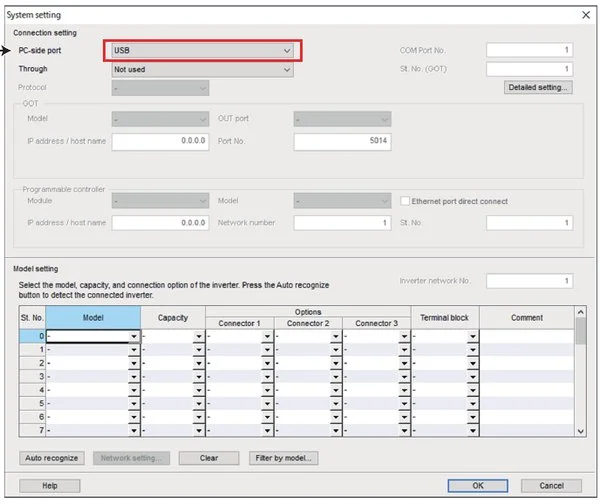 Cài đặt kết nối USB trong FR Configurator2